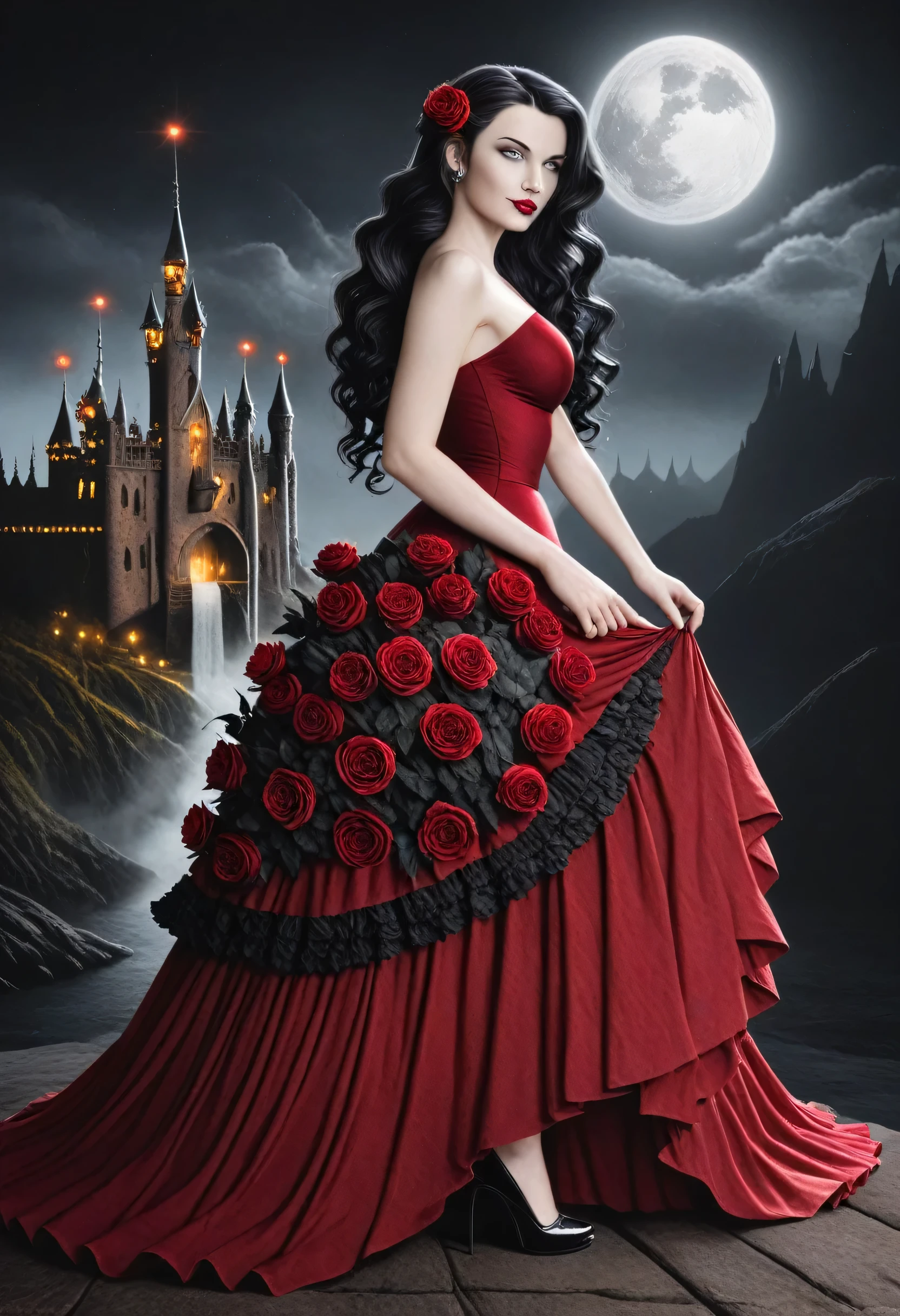 Dark fantasy art, fantasy art, goth art,  a picture of a female vampire, exquisite beauty, full body shot, dark glamour shot,  pale white skin, blond hair, long hair, wavy hair, (glowing grey: 1.3) eyes,  she  wears a (red: 1.3) red dress, ArmoredDress, the roses are imprinted on the dress (black: 1.4)  black roses, high heels, dark castle, dark, black and color, Dark Art Painting Style, flower dress, RagingNebula