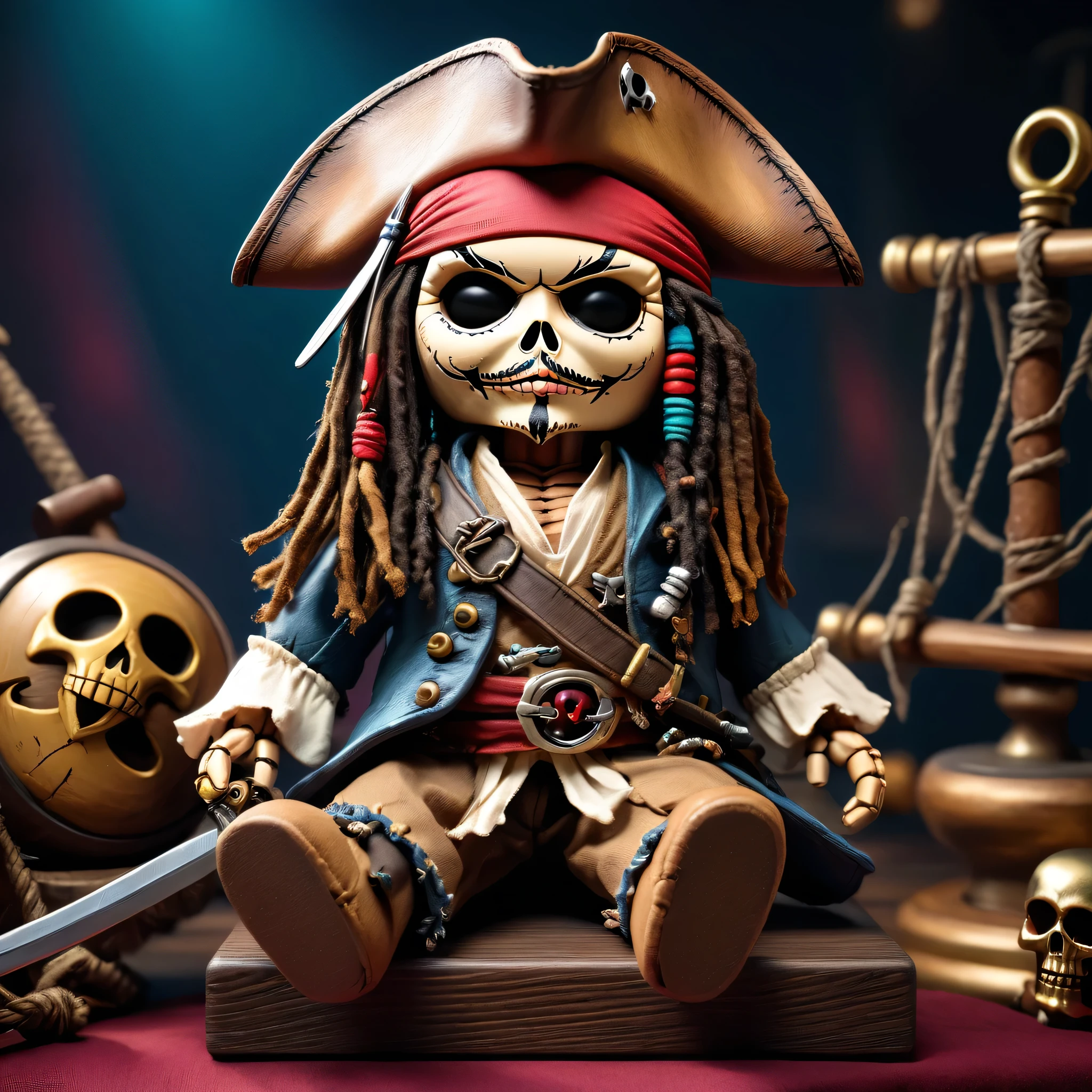 knitted toy voodoo doll sitting on a podium, around a solid color, (Pirate Captain Jack Sparrow:1.0),
best quality, masterpiece, detailed soft oil painting, detailed background, dramatic cinematic lighting, soft edge lighting, professional, dramatic lighting, hard edge lighting,
ultra quality, 4k, masterpiece, best quality, 8k, ultra high definition, high definition, extremely detailed
