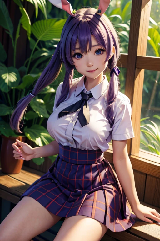 sit in tropical rainforest , steam , waistband of skirt is at the point above chest , plaid skirt , pleated skirt , Tight shirt , white Shirt , school girl , skirt under breasts , skirt is near breasts area , skirt is adjacent to the chest , (masterpiece, best quality, hires, high resolution:1.2, 4k, 8k , high quality), extremely detailed, realistic, intricate details, highres, 1girl, solo, (large breasts, thick thighs, wide hips), arched back,(cinematic lighting, sunlight, perfect lighting, backlighting), eye-level shot, extreme close-up-shot, looking at viewer, , green skirt nakano_yotsuba_ecsta, blue eyes, orange hair, hair ribbon, nakano yotsuba, short hair, green ribbon, hair between eyes , masterpiece, best quality, 1girl,smile,reisen udongein inaba, purple hair,very long hair, rabbit ears, red eyes,black jacket,pink skirt,necktie , twin tails hair