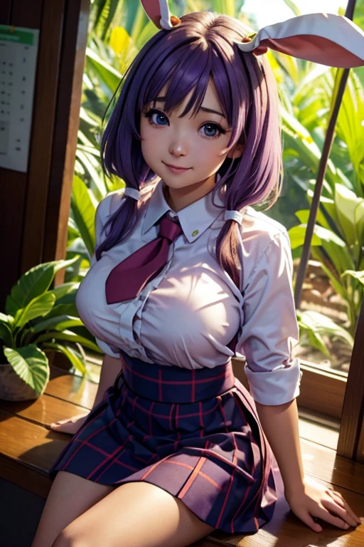 sit in tropical rainforest , steam , waistband of skirt is at the point above chest , plaid skirt , pleated skirt , Tight shirt , white Shirt , school girl , skirt under breasts , skirt is near breasts area , skirt is adjacent to the chest , (masterpiece, best quality, hires, high resolution:1.2, 4k, 8k , high quality), extremely detailed, realistic, intricate details, highres, 1girl, solo, (large breasts, thick thighs, wide hips), arched back,(cinematic lighting, sunlight, perfect lighting, backlighting), eye-level shot, extreme close-up-shot, looking at viewer, , green skirt nakano_yotsuba_ecsta, blue eyes, orange hair, hair ribbon, nakano yotsuba, short hair, green ribbon, hair between eyes , masterpiece, best quality, 1girl,smile,reisen udongein inaba, purple hair,very long hair, rabbit ears, red eyes,black jacket,pink skirt,necktie , twin tails hair