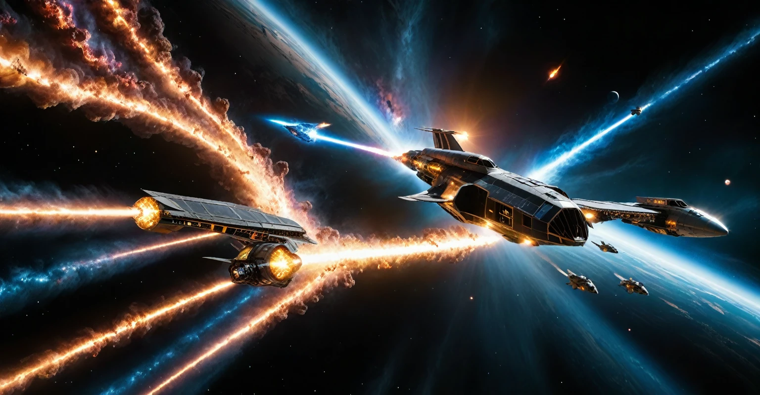 A photorealistic lonG rage Photography THE a spaceship with many windows, similar to Starfury from the television series Babylon 5. flying through multi-colored nebulae towards the accretion disk of a black hole. Coming out of subspace, a ship from Star a spaceship that looks like a stingray, with a shark tail and fins, a column of plasma bursts out of its mouth, a hyperspace tunnel opens to the side at forty-five degrees
 flies towards him, firing all guns
Another ship, similar to a dragonfly, flies towards them and emits plasma balls from its wings
Another ship, similar to a dragonfly, flies towards them and emits plasma balls from its wings a hyperspace tunnel opens to the side at forty-five degrees
 Small SHARPENNING details Dolby Vision, Dynamic Range, and Wide Gamut. Smooth Portra 400, and Nikon FE. HD. .Log, LUT, anamorphic, FULL RANGE bright cinema colors. Realistic UHD. 8K resolution. 32 bit colour
Model of ONE Billion polygons.

.epic, trending on artstation, by artgerm, highly detailed, golden ratio, vibrant, production cinematic character render, ultra high-quality model,  4k resolution, (professional photo), max details, Ultra realistic, extreme detail, 4k, Ultra HD, Hyperrealism, photo realism,
hyper realistic photo.
