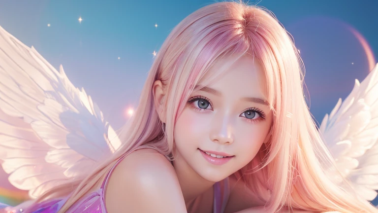 1angel,1 Fairy,2Girl,,2 people,Smile,smile,Magic wand,noon,summer,Light of the sun,Light background,cute,Princess Dress,clear,happiness,Thick Coating,Angel Wings,Fairy Wings,Silky shiny hair,Glossy Skin,Long Hair,Fairyland,Soft light,rainbow,dream,hope,Pop Art,pastel colour,Sparkling Eyes,fine,Non-Adult,High resolution,Less exposed skin,light peach-colored hair,Thin eyebrows