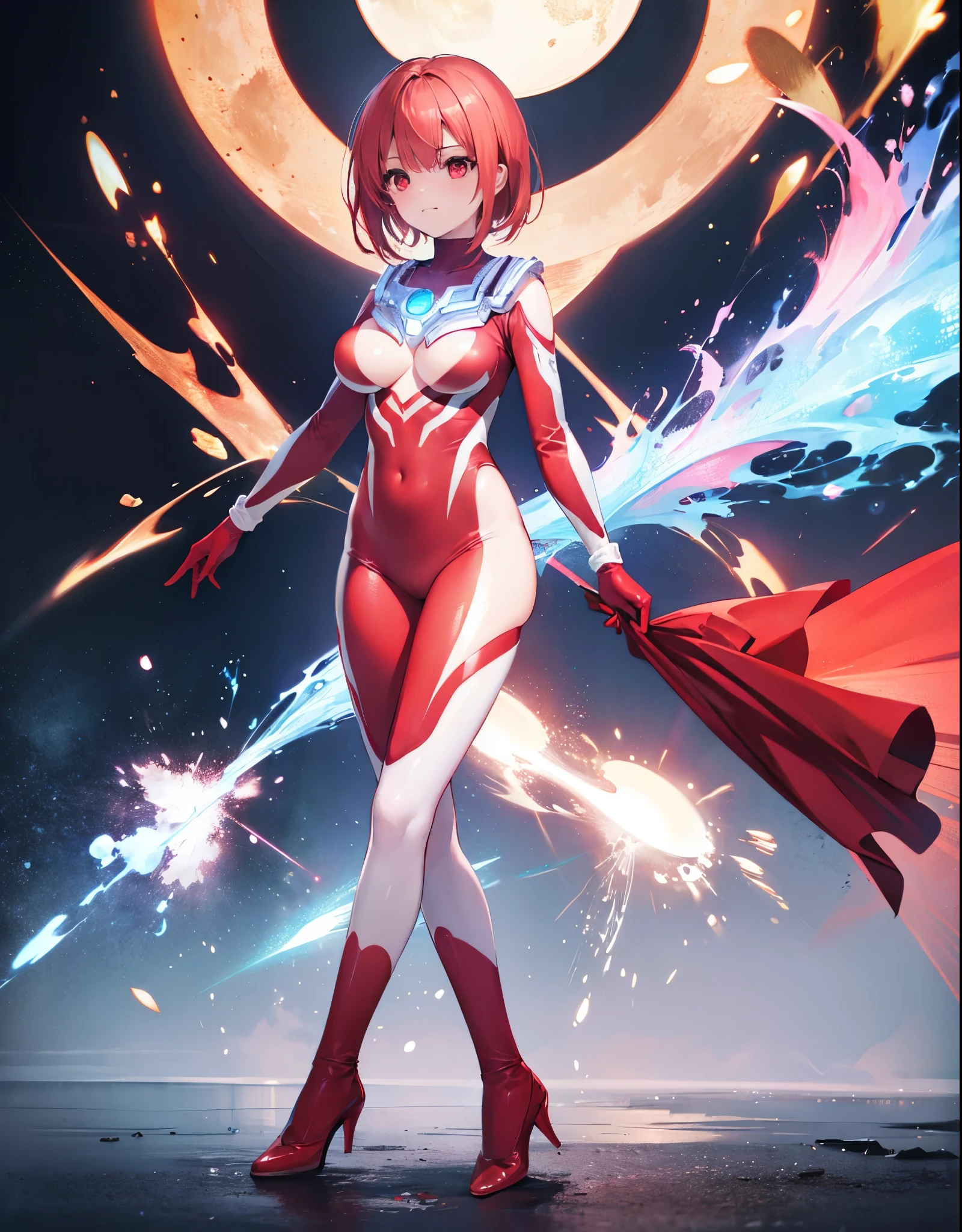 (Close-up:1.3),Realistic,highest quality, Ultra Detail, High-quality CG rendering, The most delicate and beautiful, Floating softly, High resolution, (1 girl), (Highest quality,4K,8K,masterpiece:1.2),(All red hair:1.5), (Medium Hair:1.5),(Red eyes:1.5), (Ultra Girl:1.0), (All red Ultraman bodysuit:1.4),(Slightly larger breasts:1.5), (Red gloves:1.3),(Red Shoes:1.3),whole body