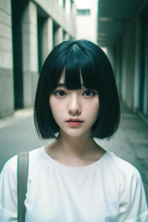 1 girl、Black-haired、Straight Bangs、Bob Cut Hair、Concrete walls and floors、Transcendental Silence、White clothes、Depth of written boundary、Absurd、Hmph、Ultra-detailed illustrations、Highly detailed face、Raw photo、Film Grain、deviantart Trends、