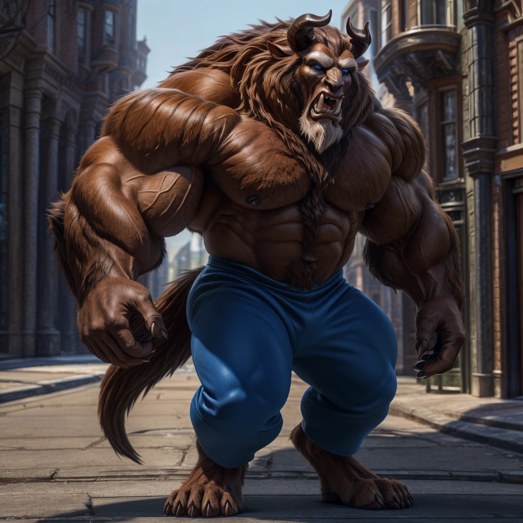 A photorealistic image of the Beast from the movie Beauty and the Beast, super muscular giant, with muscular arms, broad shoulders, giant and toned physique, bursting muscular veins, blue eyes, tail, super furry brown fur, horns facing backwards, roaring, barefoot, wearing a blue tuxedo, wearing a blue tuxedo, on a street, seen from the front