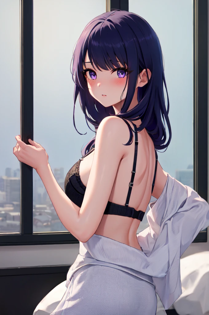 (best quality, masterpiece, ultra-detailed, perfect pixels, UHD, 4k, HDR, depth of field), 1girl, raiden_shogun, perfect body, (photorealistic:1.1, smooth CG texture), (blunt bangs, long hair, eyelashes), pov, close up, parted mouth, large breasts, seductive, embrassed, blushing, nipslip, standing, looking at viewer, indoor, bedroom, (bra, panties), (upper body, looking back, beside the window)