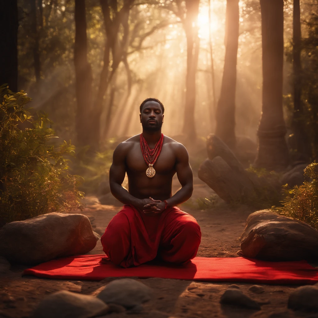 high quality, 8k, photorealistic, hyper detailed, masterpiece, intricate, ultra detailed, realistic, stunning, dramatic, beautiful black man kneeling facing the camera, in prayer, hands together, shirtless, wearing red pants, thin red bead necklace, dark scenery with large bonfire behind, african mythology, ritual, atmospheric lighting, moody, cinematic, chiaroscuro, dramatic shadows, warm colors, dramatic