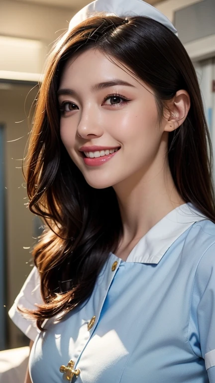 (One ultimate beautiful mature woman), experienced nurse, very detailed顔, detailed lips, detailed eye, double eyelid, brunette updo, (grin and laugh), ((beautiful teeth)), (((wearing a white nurse uniform)))), flatted breasts, perfect face, (((background: Hospital room with lots of medical equipment)))、(Depth of bounds written), Perfect image realism, With detailed background, detailed costume, perfection、hyper realism、Photoreal、8K maximum resolution, (masterpiece), very detailed, Professional
