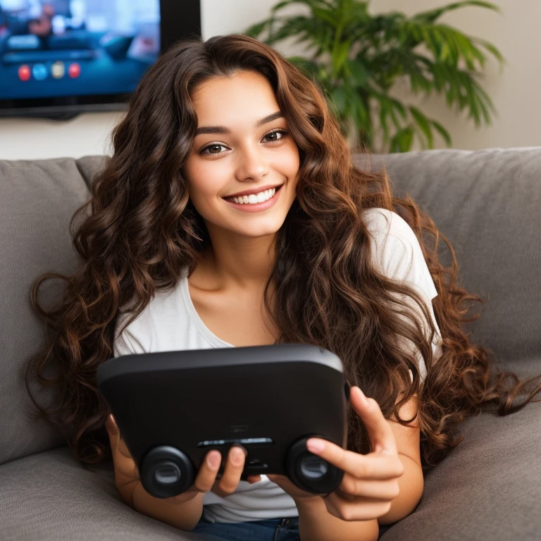 smiling woman with long curly brown hair, brown eyes, potret in a living room, gaming , with both hands, 25 years old, laying flat on a couch,