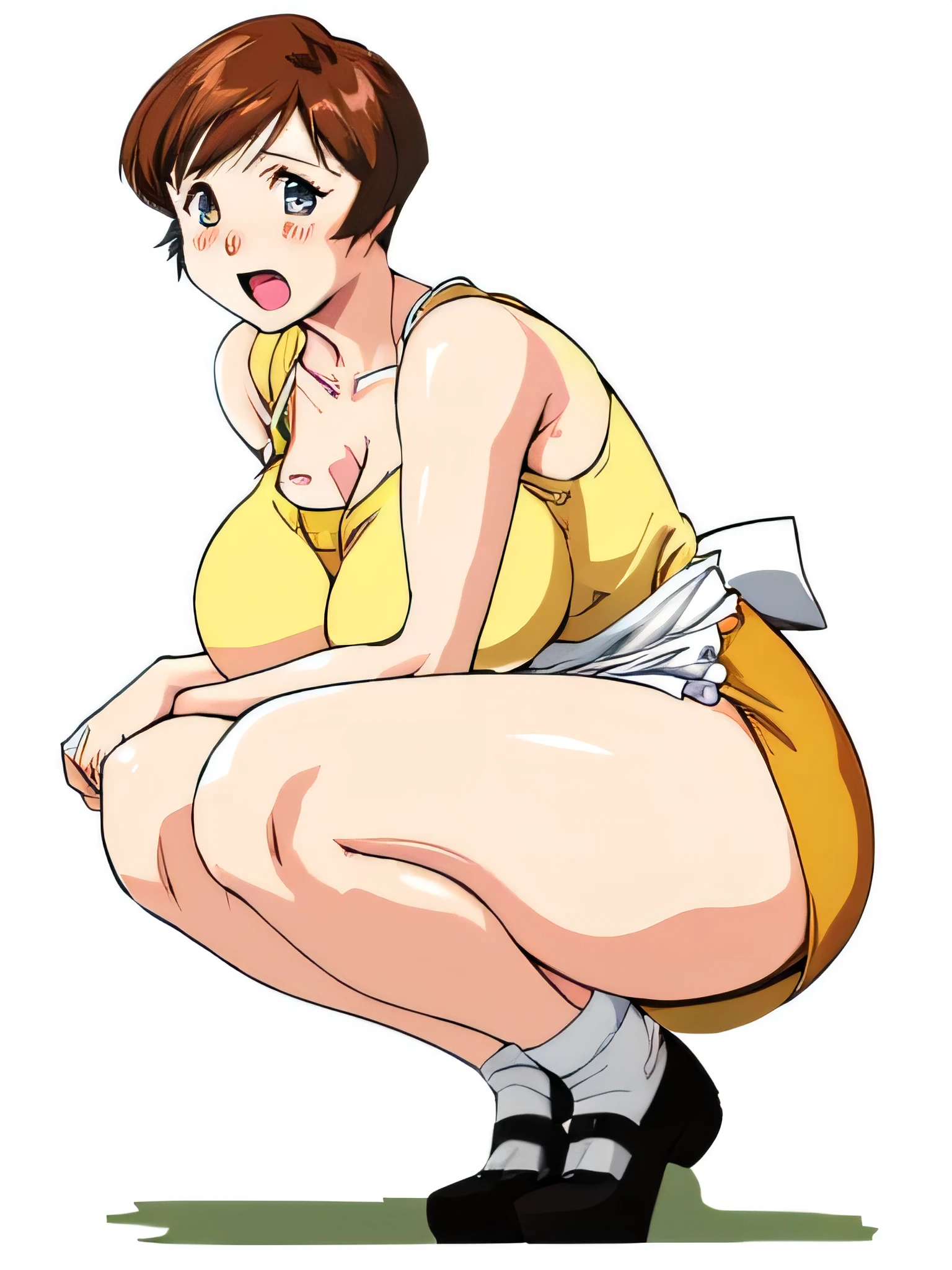 masterpiece, highest quality, High resolution, One Girl, alone, alone, short hair, etsukoto, fine grain, fine grain, (((Thick thighs, Plump thighs, Voluptuous thighs, Thighs are enough))), Big and ample breasts, Cleavage, Huge long breasts, Naughty big,((Big breasts are important))、((Naughty thighs)), L Cup, (thin:1.4),(Tight waist:1.4),  (Perfect beautiful yellow dress:1.4), ((white waist apron)), open mouth, White panties, (((Simple Background))), ((Wide Hips)), Shiny, Oily skin, Mature mother, Calf, Seductive mature woman, Perfect body, Plus Size Model, etsukoto, blush, clavicle, retro artstyle, 1990s (style), (squatting), bent over,