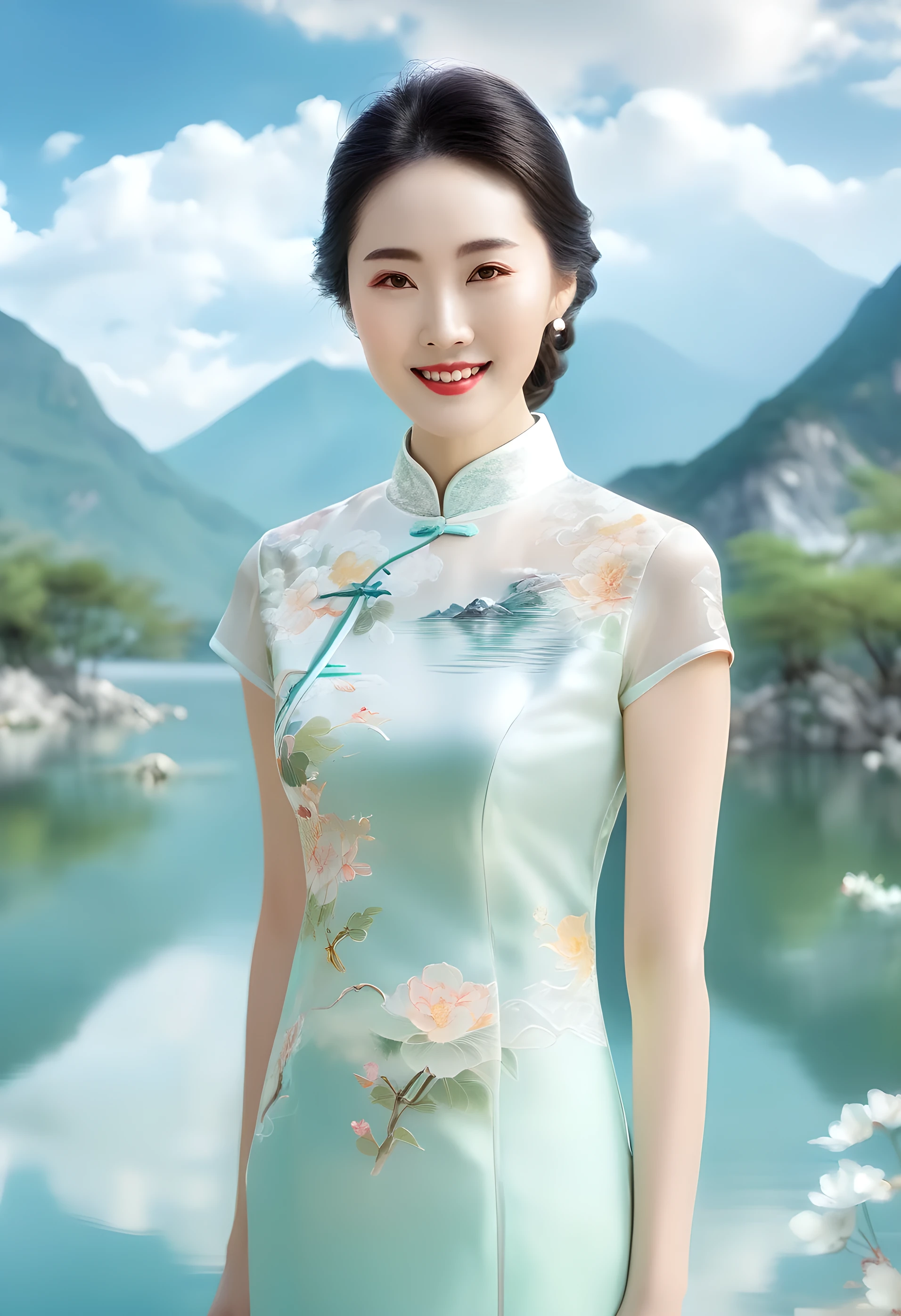 1girl, beautiful chinese woman, light-colored qipao, elegant and graceful, embodying the beauty of the oriental woman, sweet smile, standing by the lake, mountains and white clouds in the background, lake reflection, atmospheric, ethereal, soft colors, hyper detailed, 4k, photography, gongbi