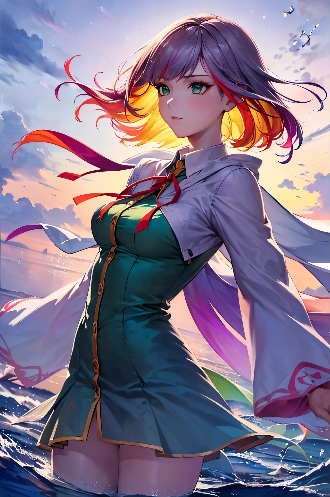 1.5),(1 girl),(Dynamic pose),(multicoloRedhead+Silver Hair:1.3+Redhead:1.2+Purple Hair+Yellow Hair:1.3+Green Hair:1.3),(blue eyes),(Neck ribbon),(floating),(cloud),(Too many droplets of water),(Twilight),(watercolor),(Wide Shot)