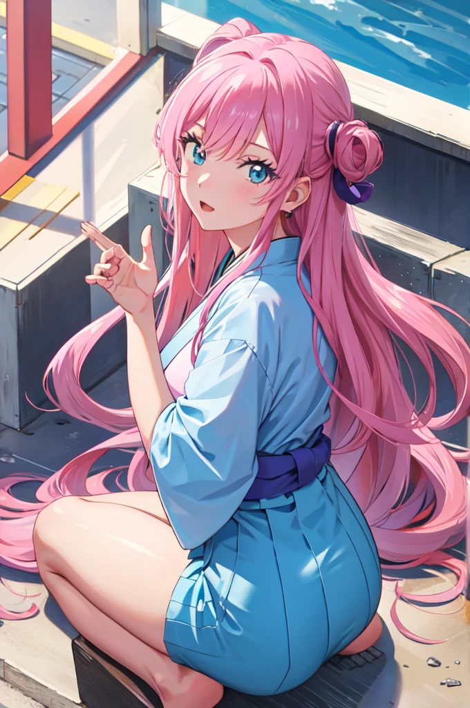 akari watanabe, long hair, solo, PERFECT ANATOMY,  pink hair, blue eyes, looking at viewer, round ass, thicc thighs, 1girl, sitting, tight hakama