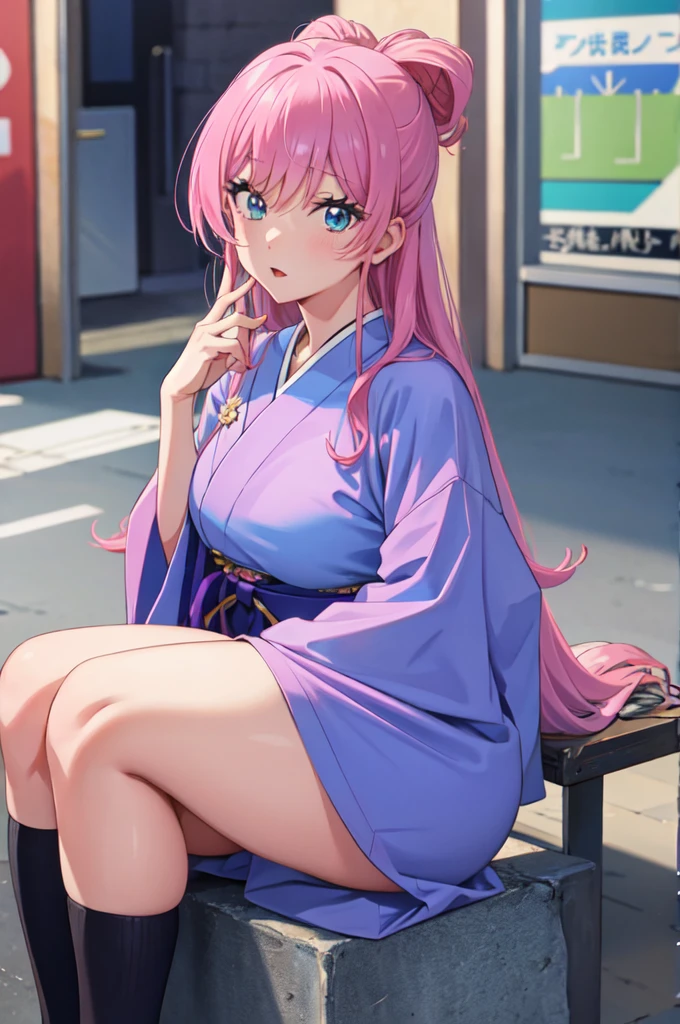 akari watanabe, long hair, solo, PERFECT ANATOMY,  pink hair, blue eyes, looking at viewer, round ass, thicc thighs, 1girl, sitting, tight hakama