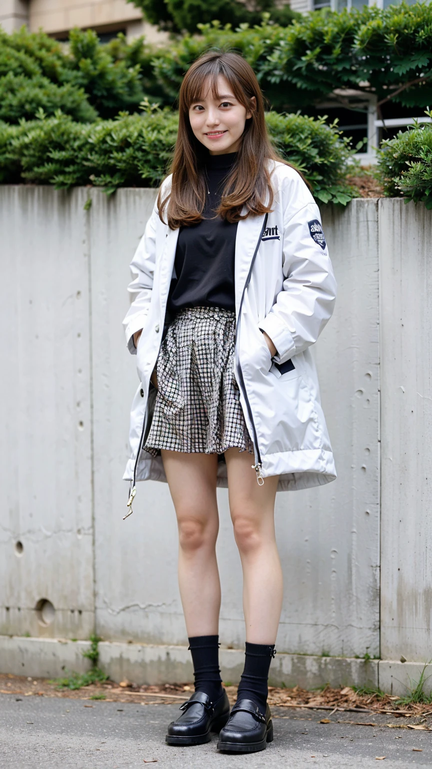 (8k、RAW Photos、highest quality、masterpiece:1.2)、(Realistic、Realistic)、1 girl、((White jacket、Fluttering Hair、Black mini skirt、loafers、smile、garden、Standing with hands on hips))、Lots of eyelashes、Glowing eyelids、skeletally correct