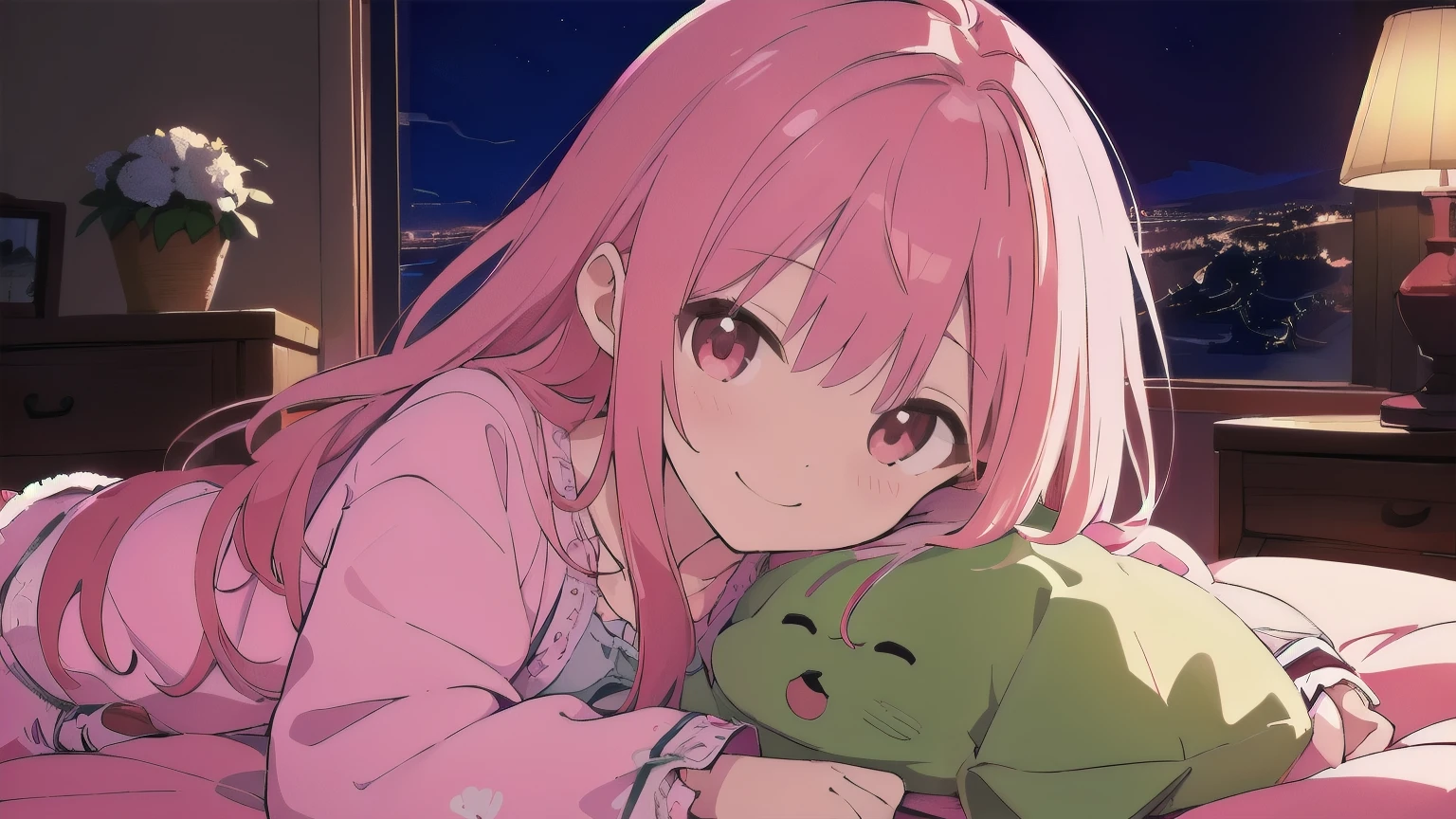 Very detailed, Detailed Background,　(highest quality, masterpiece, High resolution), One girl, smile,　 Mid-chest, Pink Hair,  Upper Body, Fluffy pajamas,　long hair、　(night:1.4)、　Dimly lit room, Co-sleeping style