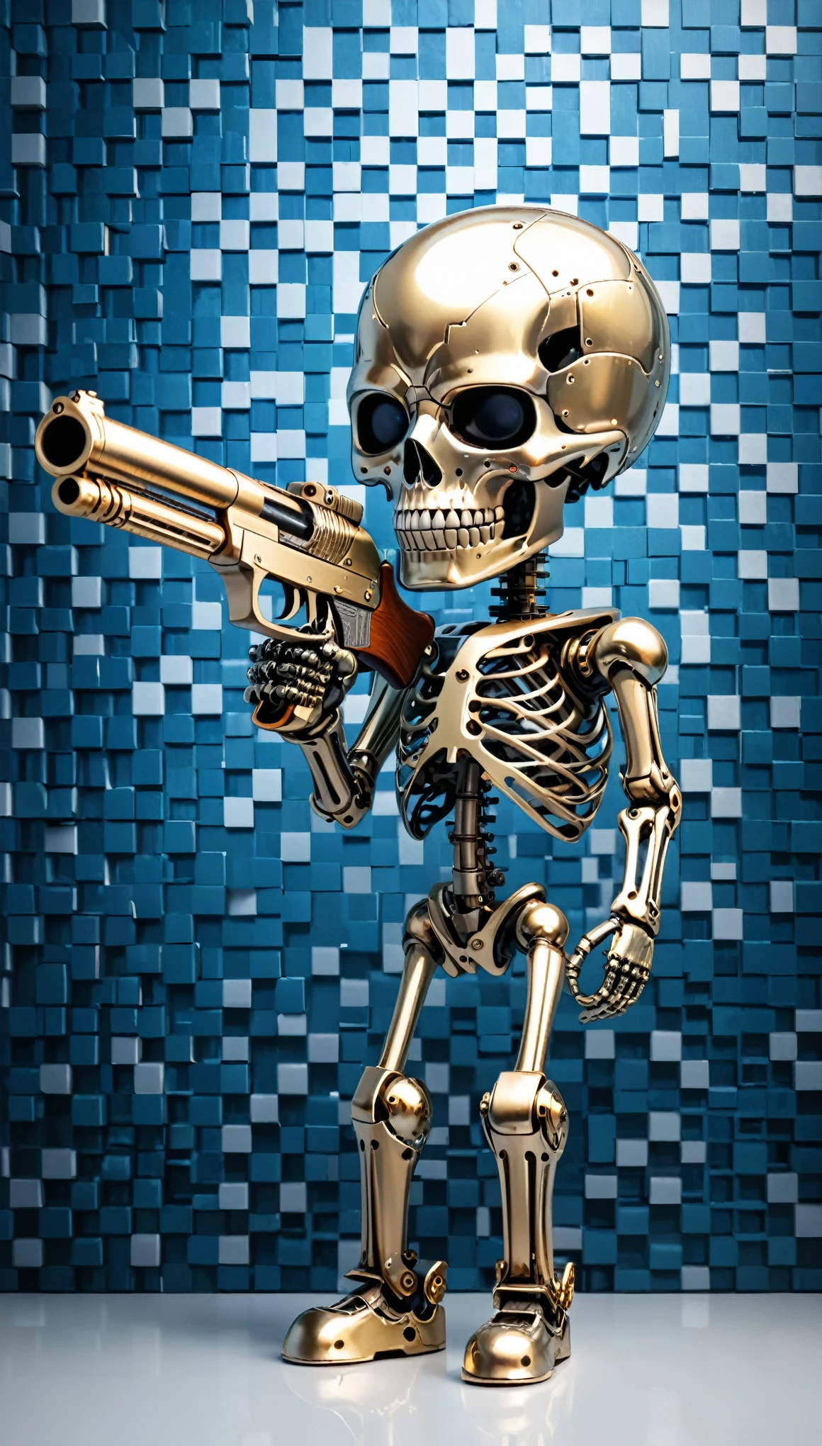 in style of Harry Bertoia,in style of Daniel Merriam,
blue and white checkered background, best quality,4k,8k,highres,masterpiece,ultra-detailed,surrealist style,(full_shot:1.2),negative space composition, BREAK blindbox,metal base,3d style,cartoon style,terminator T-800, BREAK imitation of human body structure metal skeleton,holding a shotgun shotting,shotting,the gun shell floating in the sky,