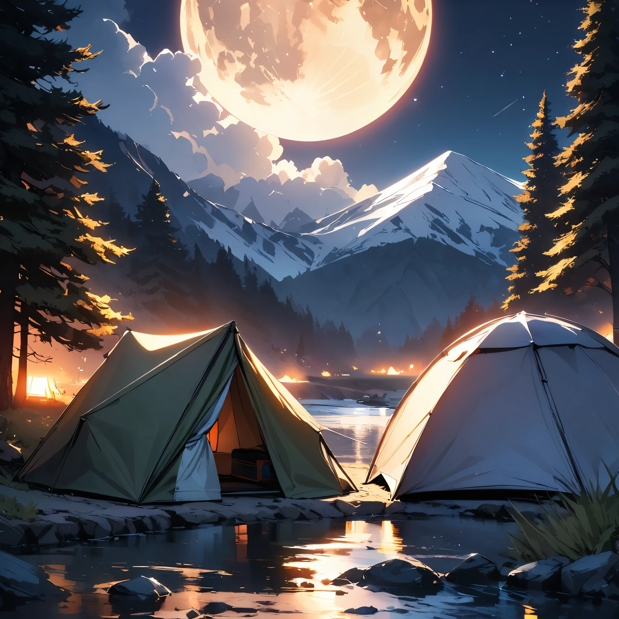 (highest quality:1.2, Very detailed, High Detail, High Contrast, masterpiece:1.2, highest quality, Best aesthetics), 1 Female, Detailed outdoor camping scene, Beautiful detailed eyes, Beautiful detailed lips, Very detailedな顔, Long eyelashes, Camping gear, Camping Tents, Night Sky, full moon, Star Moon, Star Moon, Mountain in the background々, pine tree, Stream with rocks.