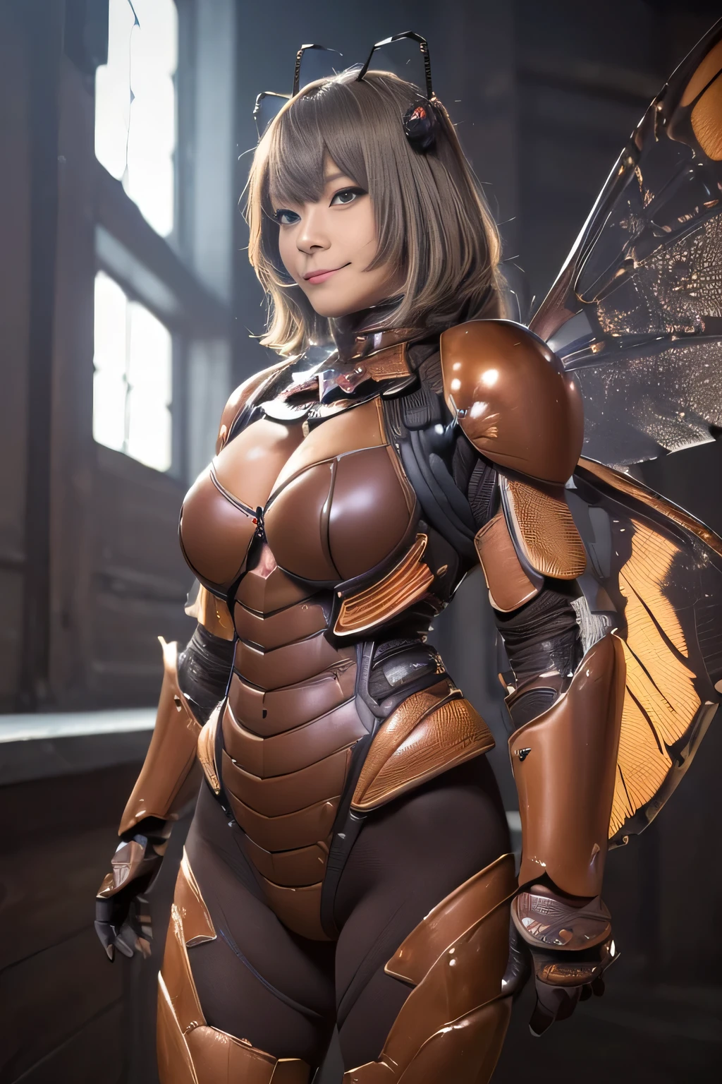 (high resolution,masterpiece,best quality,extremely detailed CG, anime, official art:1.4), realistic, photo, amazing fine details, all intricate, gloss and shiny,awesome many layers, 8k wall paper, 3d, sketch, kawaii, illustration,( solo:1.4), perfect female proportion,villainess, (fusion of dark brown cockroach and lady:1.4), (brown cockroach form lady:1.2), (brown cockroach lady:1.2), (fusion:1.2), (solo:1.4), (evil smile:1.2), muscular, abs, (cockroach brown exoskeleton bio insect suit:1.4), (cockroach brown exoskeleton bio insect armor:1.2), (brown transparency cockroach wing:1.4), (brown cockroach antennae:1.3),