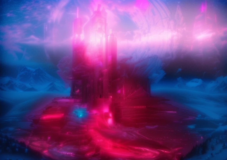 Masterpiece, 12k, uhd, photorealistic, a ultra beautiful suggestive landscape, with snow hills, snow land, futuristic metropolis in background, with skycrapers, night sky with stars, pink boreal aurora in the sky, light neon effects, cyberpunk dreaming atmosphere, (3D rendering buildings), seems real, blue and pink sky and snow colors
