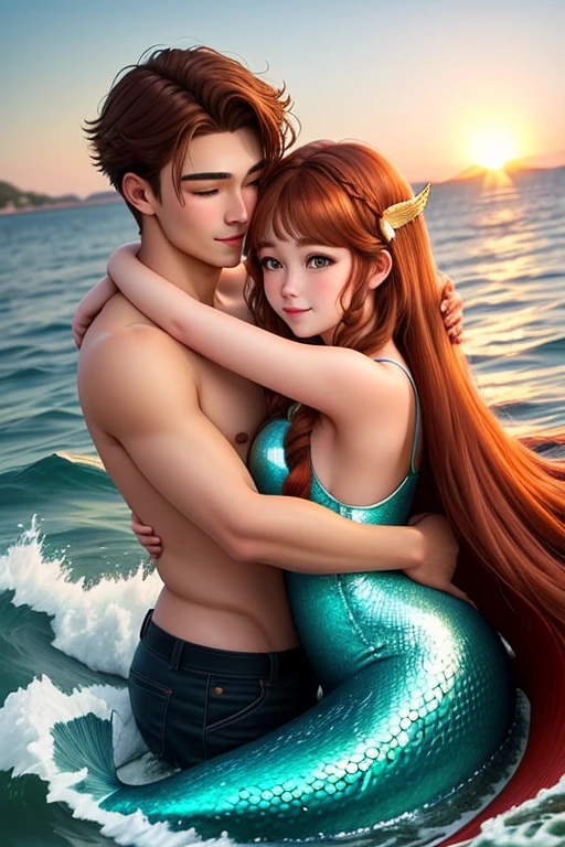 The handsome man hug a beautiful mermaid girl on the sea with golden red tails. 
 18-year-old girl. Detailed face, Detailed eyes, double eyelid, cute, sunny, warm vibes,  hot-seductive-sexy-cute-beautiful-girl with brown hair and blushing face. Intimate vibes. 