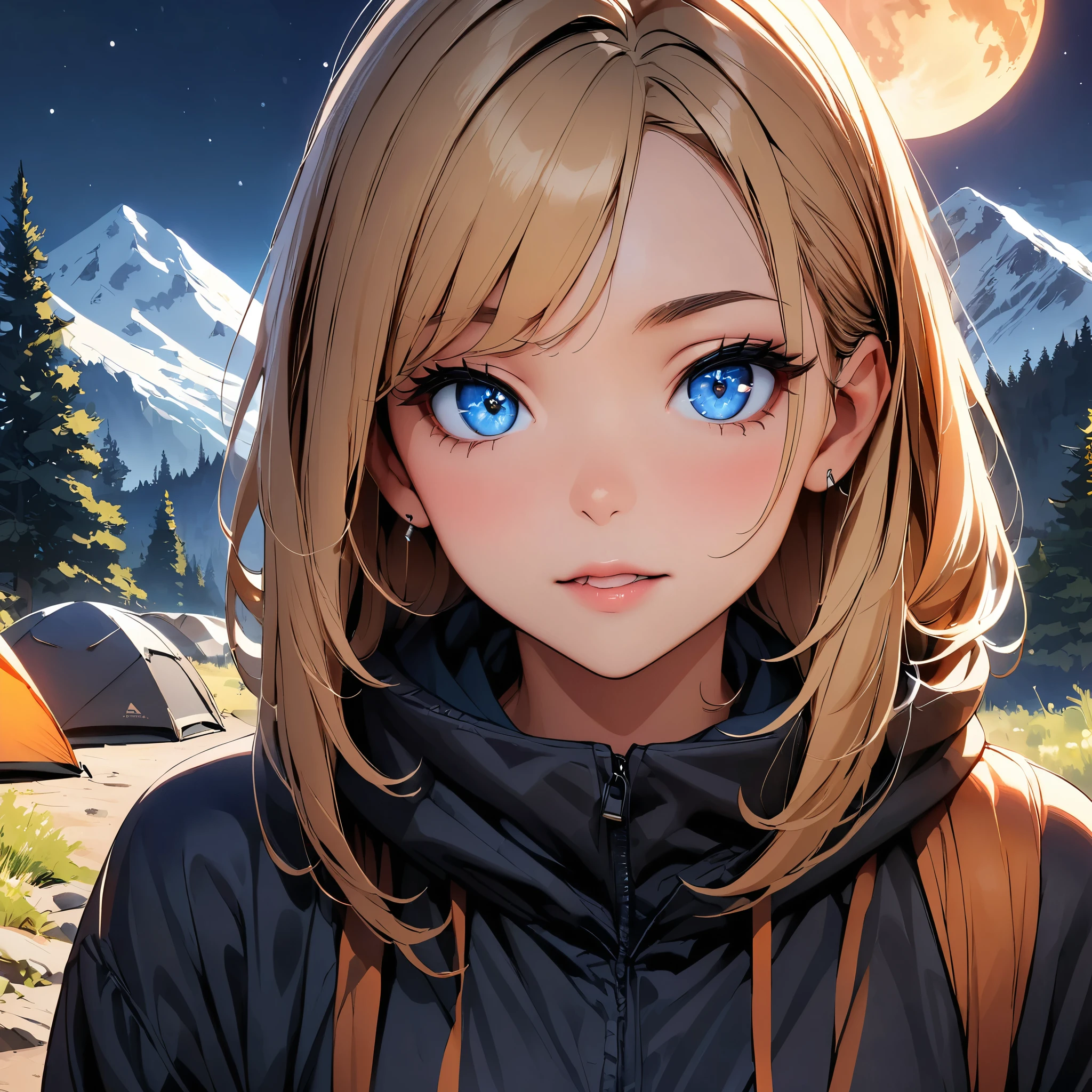 (highest quality:1.2, Very detailed, High Detail, High Contrast, masterpiece:1.2, highest quality, Best aesthetics), 1 Female, Detailed outdoor camping scene, Beautiful detailed eyes, Beautiful detailed lips, Very detailedな顔, Long eyelashes, Camping gear, Camping Tents, Night Sky, full moon, Star Moon, Star Moon, Mountain in the background々, pine tree, Stream with rocks.