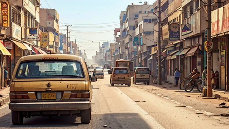 a crowded indian city street, dusty road, heavy traffic, dirty buildings, people and vehicles, view from bike backseat, (best quality,4k,8k,highres,masterpiece:1.2),ultra-detailed,(realistic,photorealistic,photo-realistic:1.37),detailed environment, dirty environment, gritty urban setting, warm color tones, natural lighting, detailed textures, intricate details