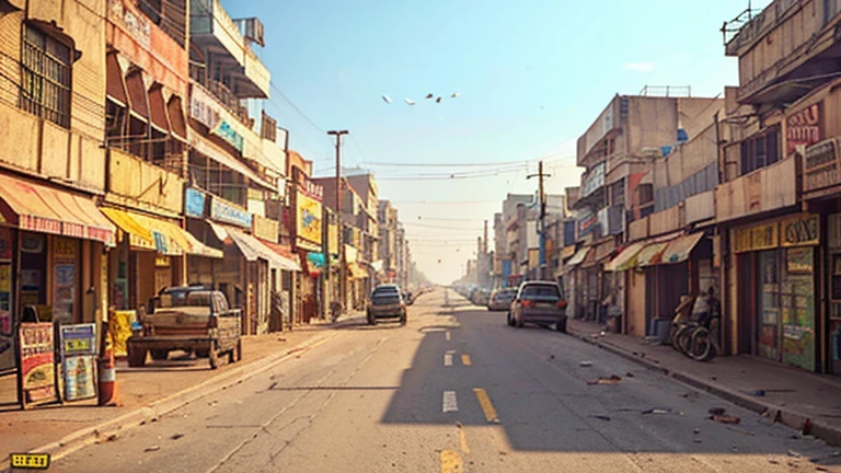 a crowded indian city street, dusty road, heavy traffic, dirty buildings, people and vehicles, view from bike backseat, (best quality,4k,8k,highres,masterpiece:1.2),ultra-detailed,(realistic,photorealistic,photo-realistic:1.37),detailed environment, dirty environment, gritty urban setting, warm color tones, natural lighting, detailed textures, intricate details