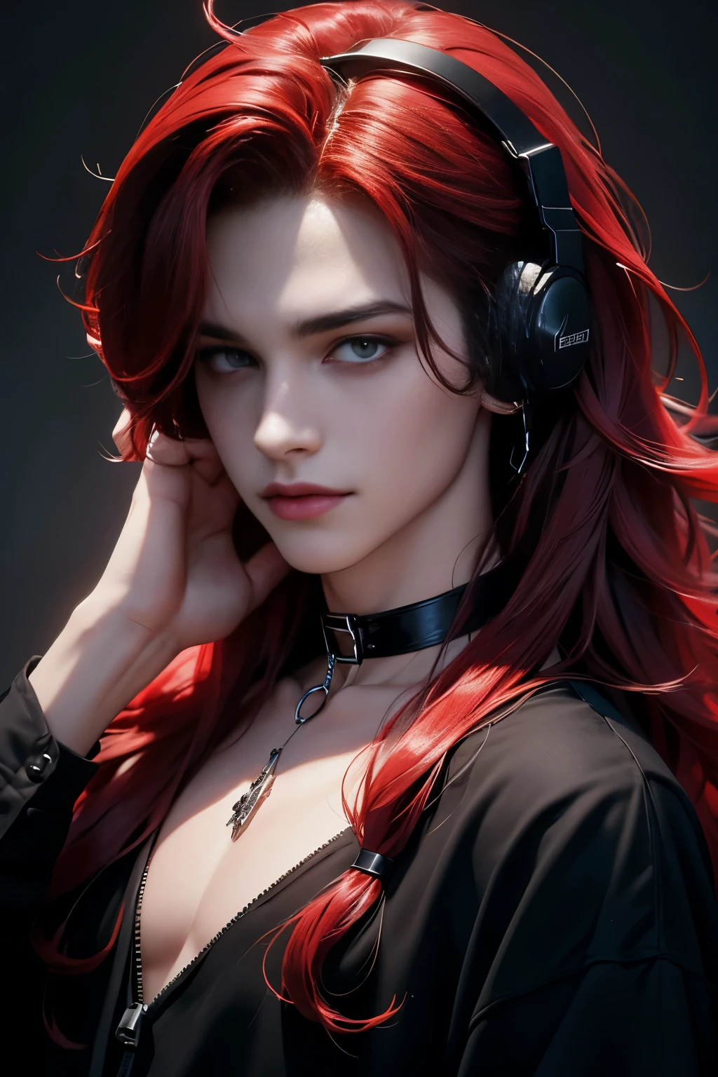 ((Best quality)), ((masterpiece)), 8k (detailed), ((perfect face)), perfect proporcions, ((halfbody)) he is a vampire, he is 18 years old, he has straight long red hair, gothic atmosphere, he has headphones with led lights , He wears a black t-shirt and a choker around his neck, he has bat wings, he is smiling ((perfect face)) gothic make up, he is gamer