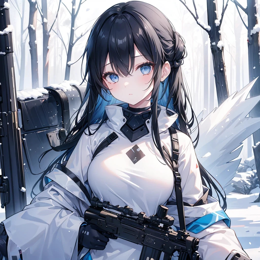 1girl, long black hair, blue eyes, wearing a arctic camo combat suit, winter forest, snowing, white trees, holding a sniper rifle in her both hand, 8k, looking at viewer