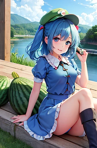 highest quality、masterpiece、touhou project、 nitori kawashiro、Blue work clothes、boots、whole body、smile、Riverside、Having cucumbers