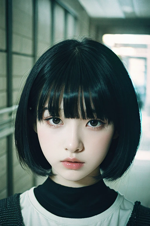 1 girl、Black-haired、Straight Bangs、Bob Cut Hair、Concrete walls and floors、Transcendental Silence、Depth of written boundary、Absurd、Hmph、Ultra-detailed illustrations、Highly detailed face、Raw photo、Film Grain、deviantart Trends、