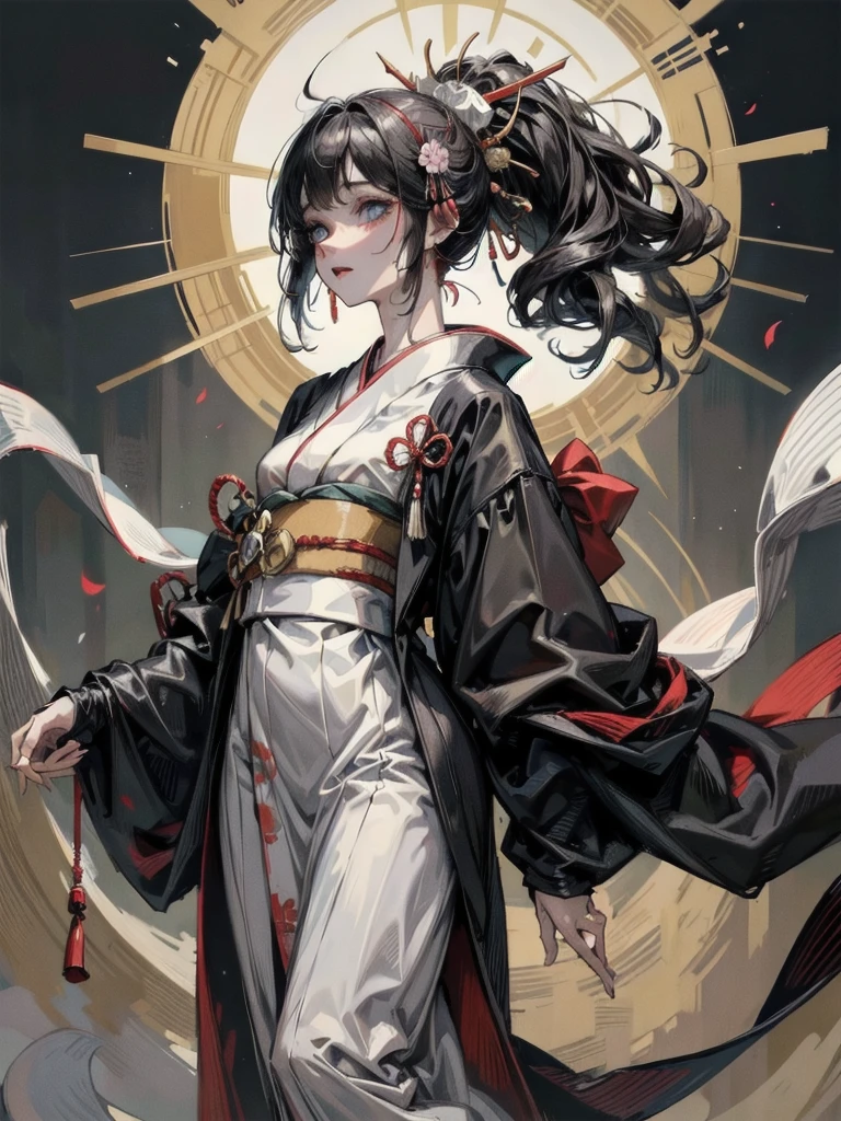 whole body, Anime character wearing a kimono costume, wearing aristocrat robe, in a kimono, wearing a haori, in a kimono, wearing black robe、Red earrings、Taisho Era、Taisho Modern、Modern kimono、absurdres, RAW photo, extremely delicate and beautiful, masterpiece, Best Quality, ultra high resolution, 32k, hyperrealistic, ultra-detailed, perfect figure, perfect shape, detailed description, pale skin, 20 years old, detailed beautiful face and eyes, tearful mole, earring, short medium hair, wavy hair,