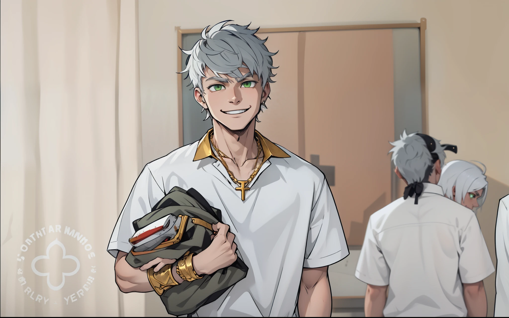 white hair young 17 year old man is walking with a mischievous smile he has green eyes white hair he has a gold necklace gold bracelets he has a gold choker