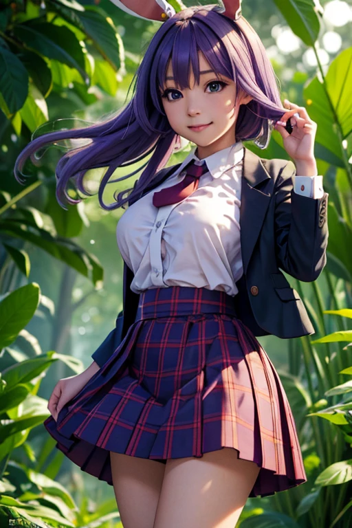 sit in tropical rainforest , steam , waistband of skirt is at the point above chest , plaid skirt , pleated skirt , Tight shirt , white Shirt , school girl , skirt under breasts , skirt is near breasts area , skirt is adjacent to the chest , (masterpiece, best quality, hires, high resolution:1.2, 4k, 8k , high quality), extremely detailed, realistic, intricate details, highres, 1girl, solo, (large breasts, thick thighs, wide hips), arched back,(cinematic lighting, sunlight, perfect lighting, backlighting), eye-level shot, extreme close-up-shot, looking at viewer, , green skirt nakano_yotsuba_ecsta, blue eyes, orange hair, hair ribbon, nakano yotsuba, short hair, green ribbon, hair between eyes , masterpiece, best quality, 1girl,smile,reisen udongein inaba, purple hair,very long hair, rabbit ears, red eyes,black jacket,pink skirt,necktie , twin tails hair