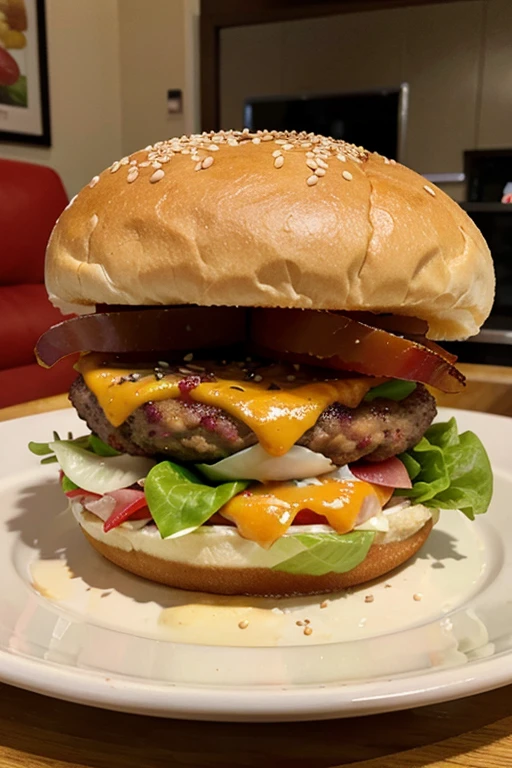 cheese burger, bacon, lettuce, sesame seed bun and tomato