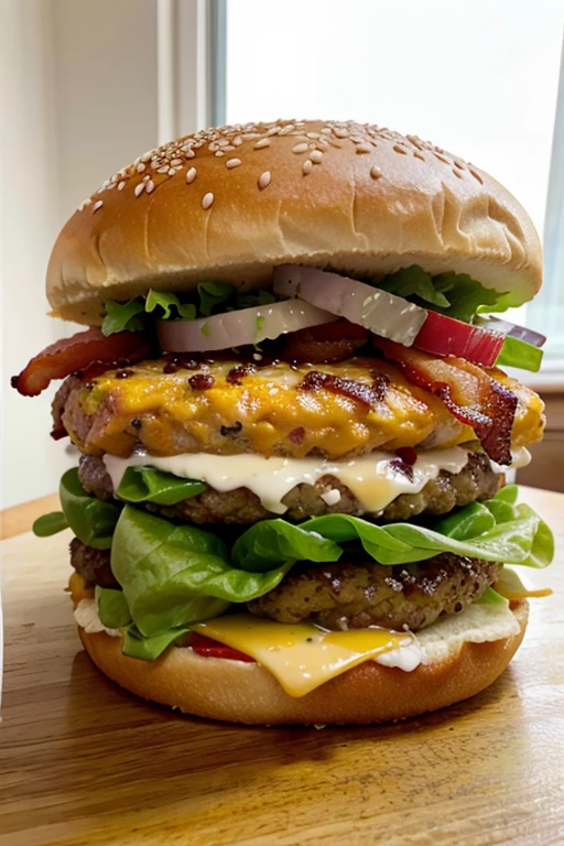 cheese burger, bacon, lettuce, sesame seed bun and tomato