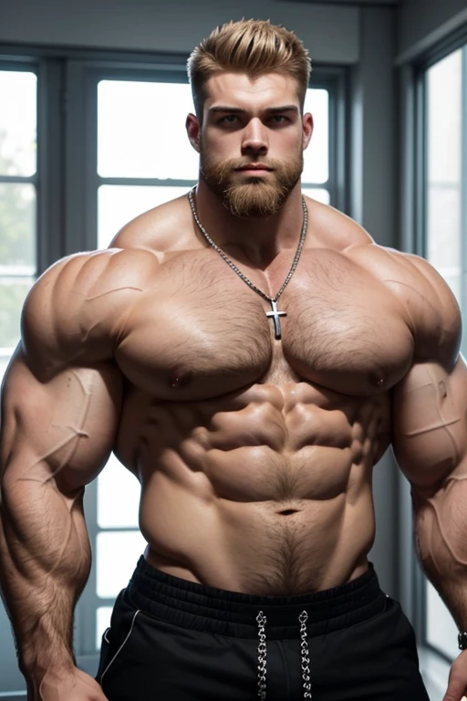 Whole body image of an Absolute monster of a Caucasian bodybuilder is showing off his huge bicep muscles. Huge huge shoulders, he is as broad as he is tall. 20 years old. Blond, close cropped beard, powerfully muscled, massive shoulders and biceps. well-defined six pack. Exceptionally thick silver cross necklace.