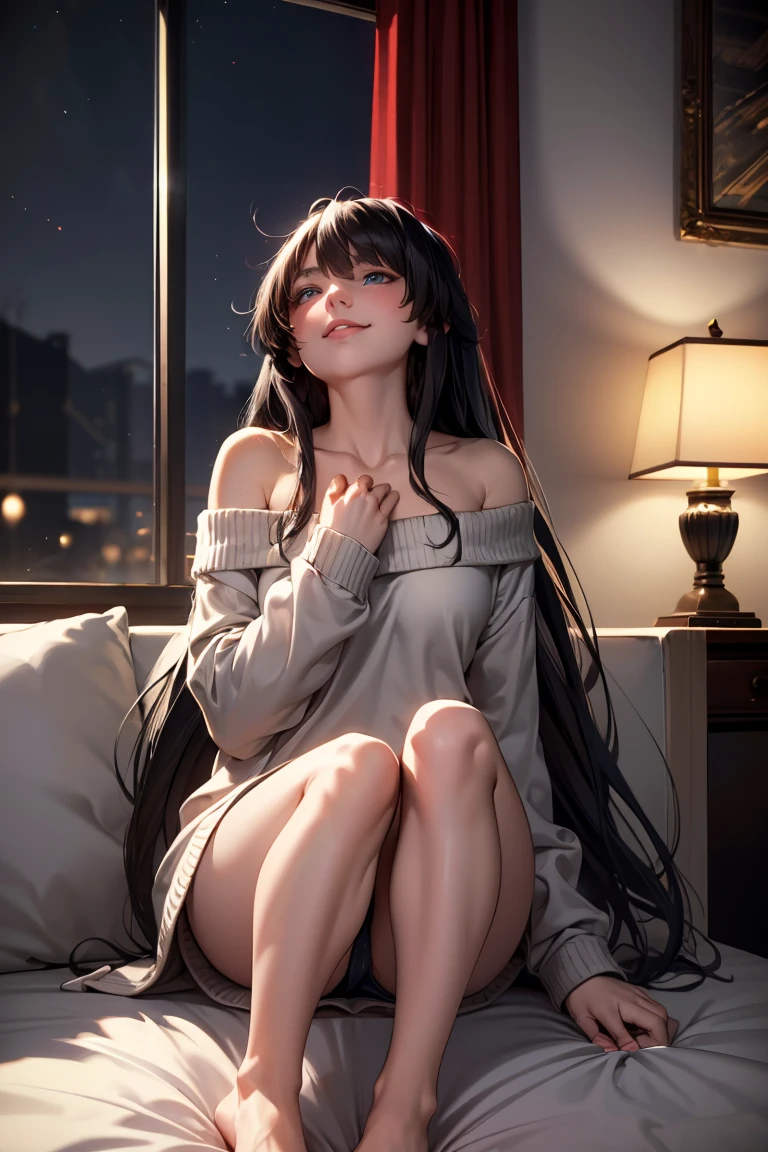 masterpiece, highest quality, High resolution, Super detailed, smile, Woman with long black hair and bangs, Bright Blue Eyes, Beautiful girl looking at the camera, Front view, ((Off-the-shoulder sweater)),((Light Red Sweater)),barefoot,(Hands touching chest),night, Warm indoors, Image illuminated by a small lamp, Depth of written boundary