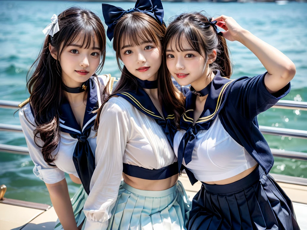 (((very heavy chest))),NSFW, 16k raw photos, highest quality, masterpiece, ultra high resolution, ((She is wearing Beautiful exposed redShe is wearing (a high school sailor uniform).
(navy sailor collar:1.4),(white shirt:1.4),(navy pleats skirt:1.4),(navy bow:1.4))).movie, ((2 girls, , 2 schoolgirls)),((attractive expression)),eyes shine、 looking at the viewer, natural skin texture very heavy chest))),((( metal black ribbon around the neck))).star handle mold、((yellow eyes)),Realistic eye and face details, lip whole, lipstick makeup), fluffy ponytail hair, laughter, Beautiful feet, tall woman, ((glowing skin)),((Beautiful armpit)), slim_feet, huge breasts, cleavage, beautiful natural places, beautiful flower garden、(detailed background,highly exposed, huge breasts, blurred background,, JK ribbon on the neck, jk ribbon, golden hair, bracelet, water, bangs, split your lips、armpit、beautiful hip line、glowing skin、(((eyes shine brightly))),lotion skin、High leg、((black hair)),highly exposed、Skimpy pink luxury fur coat、beautiful sea background、wind effect、