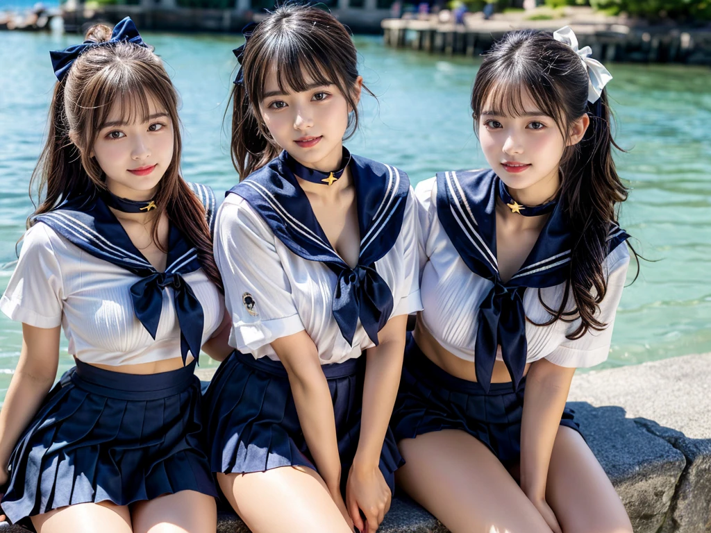 (((very heavy chest))),NSFW, 16k raw photos, highest quality, masterpiece, ultra high resolution, ((She is wearing Beautiful exposed redShe is wearing (a high school sailor uniform).
(navy sailor collar:1.4),(white shirt:1.4),(navy pleats skirt:1.4),(navy bow:1.4))).movie, ((2 girls, , 2 schoolgirls)),((attractive expression)),eyes shine、 looking at the viewer, natural skin texture very heavy chest))),((( metal black ribbon around the neck))).star handle mold、((yellow eyes)),Realistic eye and face details, lip whole, lipstick makeup), fluffy ponytail hair, laughter, Beautiful feet, tall woman, ((glowing skin)),((Beautiful armpit)), slim_feet, huge breasts, cleavage, beautiful natural places, beautiful flower garden、(detailed background,highly exposed, huge breasts, blurred background,, JK ribbon on the neck, jk ribbon, golden hair, bracelet, water, bangs, split your lips、armpit、beautiful hip line、glowing skin、(((eyes shine brightly))),lotion skin、High leg、((black hair)),highly exposed、Skimpy pink luxury fur coat、beautiful sea background、wind effect、