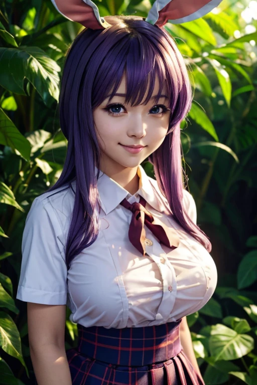 sit in tropical rainforest , steam , waistband of skirt is at the point above chest , plaid skirt , pleated skirt , Tight shirt , white Shirt , school girl , skirt under breasts , skirt is near breasts area , skirt is adjacent to the chest , (masterpiece, best quality, hires, high resolution:1.2, 4k, 8k , high quality), extremely detailed, realistic, intricate details, highres, 1girl, solo, (large breasts, thick thighs, wide hips), arched back,(cinematic lighting, sunlight, perfect lighting, backlighting), eye-level shot, extreme close-up-shot, looking at viewer, , green skirt nakano_yotsuba_ecsta, blue eyes, orange hair, hair ribbon, nakano yotsuba, short hair, green ribbon, hair between eyes , masterpiece, best quality, 1girl,smile,reisen udongein inaba, purple hair,very long hair, rabbit ears, red eyes,black jacket,pink skirt,necktie , twin tails hair