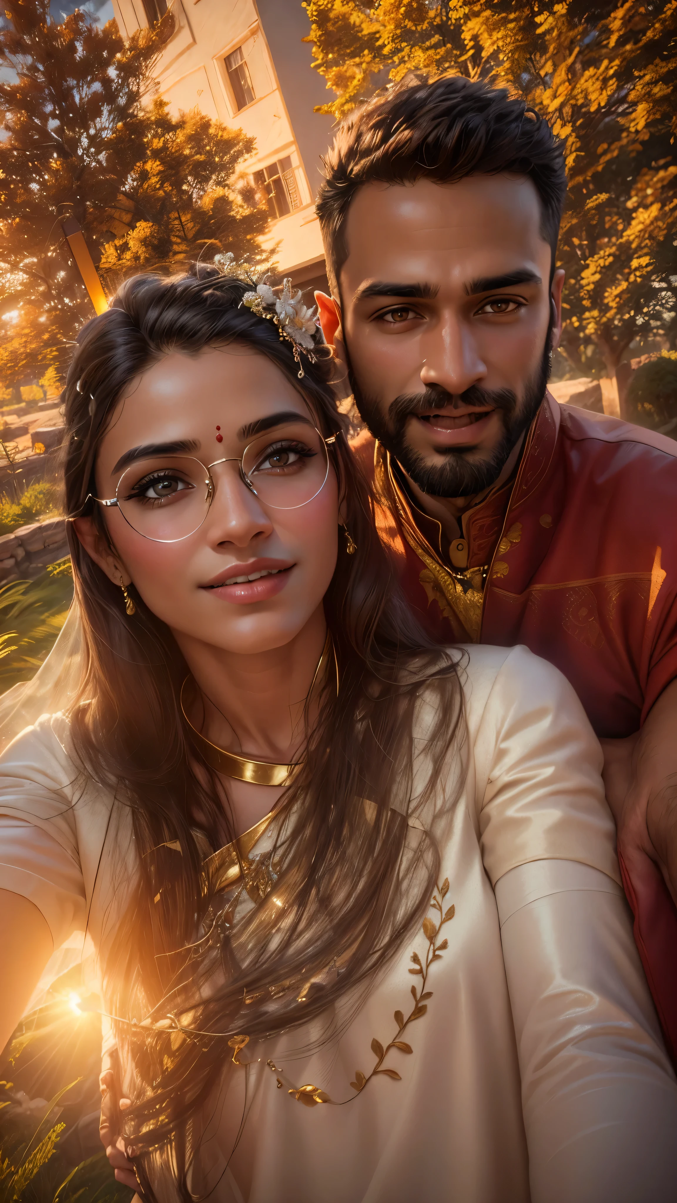 8k, ultra realistic, highly detailed, masterpiece, award winning picture, a couple, wedding portrait, indian style wedding,groom & bridal, standing,near , bonfire,wear wedding dress,sun set ,in marriage garden, tress, 3D image
