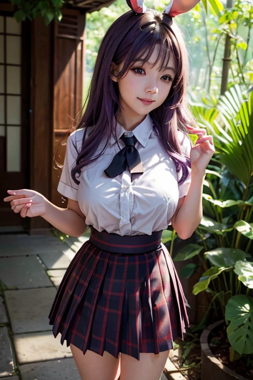 sit in tropical rainforest , steam , waistband of skirt is at the point above chest , plaid skirt , pleated skirt , Tight shirt , white Shirt , school girl , skirt under breasts , skirt is near breasts area , skirt is adjacent to the chest , (masterpiece, best quality, hires, high resolution:1.2, 4k, 8k , high quality), extremely detailed, realistic, intricate details, highres, 1girl, solo, (large breasts, thick thighs, wide hips), arched back,(cinematic lighting, sunlight, perfect lighting, backlighting), eye-level shot, extreme close-up-shot, looking at viewer, , green skirt nakano_yotsuba_ecsta, blue eyes, orange hair, hair ribbon, nakano yotsuba, short hair, green ribbon, hair between eyes , masterpiece, best quality, 1girl,smile,reisen udongein inaba, purple hair,very long hair, rabbit ears, red eyes,black jacket,pink skirt,necktie , twin tails hair