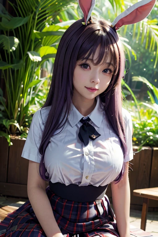 sit in tropical rainforest , steam , waistband of skirt is at the point above chest , plaid skirt , pleated skirt , Tight shirt , white Shirt , school girl , skirt under breasts , skirt is near breasts area , skirt is adjacent to the chest , (masterpiece, best quality, hires, high resolution:1.2, 4k, 8k , high quality), extremely detailed, realistic, intricate details, highres, 1girl, solo, (large breasts, thick thighs, wide hips), arched back,(cinematic lighting, sunlight, perfect lighting, backlighting), eye-level shot, extreme close-up-shot, looking at viewer, , green skirt nakano_yotsuba_ecsta, blue eyes, orange hair, hair ribbon, nakano yotsuba, short hair, green ribbon, hair between eyes , masterpiece, best quality, 1girl,smile,reisen udongein inaba, purple hair,very long hair, rabbit ears, red eyes,black jacket,pink skirt,necktie , twin tails hair