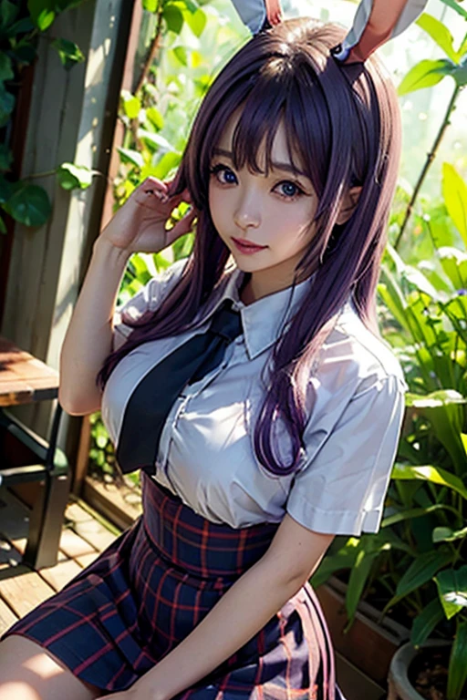 sit in tropical rainforest , steam , waistband of skirt is at the point above chest , plaid skirt , pleated skirt , Tight shirt , white Shirt , school girl , skirt under breasts , skirt is near breasts area , skirt is adjacent to the chest , (masterpiece, best quality, hires, high resolution:1.2, 4k, 8k , high quality), extremely detailed, realistic, intricate details, highres, 1girl, solo, (large breasts, thick thighs, wide hips), arched back,(cinematic lighting, sunlight, perfect lighting, backlighting), eye-level shot, extreme close-up-shot, looking at viewer, , green skirt nakano_yotsuba_ecsta, blue eyes, orange hair, hair ribbon, nakano yotsuba, short hair, green ribbon, hair between eyes , masterpiece, best quality, 1girl,smile,reisen udongein inaba, purple hair,very long hair, rabbit ears, red eyes,black jacket,pink skirt,necktie , twin tails hair