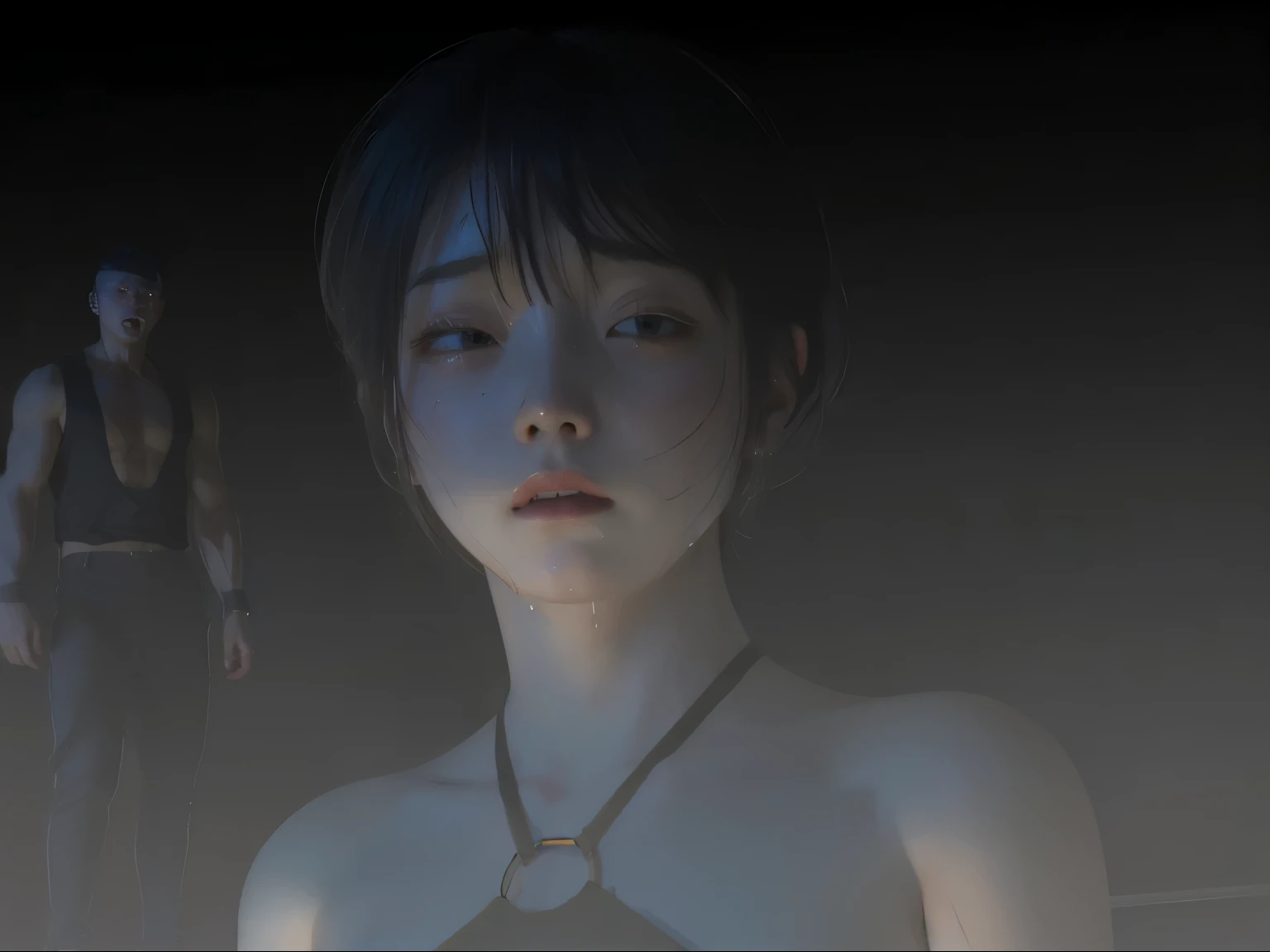 ((sad、Frightened expression))、((Sweaty、Blushing'cheek、Sweaty skin))、(8k, highest quality, masterpiece:1.2), (Realistic, photo-Realistic:1.37), Very detailed,highest quality, Ultra-high resolution, Professional Lighting, Photon Mapping, Radio City, Physically Based Rendering, Cinema Lighting, Midnight Road,Depth of the written border, Sharp focus,moonlight, Good composition,1 girl,alone,(whole body), (whole body),Beautiful and beautiful eyes,((Red eyes、I'I'm afraid of something))、 Pause, Tight waist,Japanese , Black Hair,Messy Hair,Long hair blowing in the wind,((Navy blue socks))、(Ulzzang-6500:1.2)、 Mix 4,