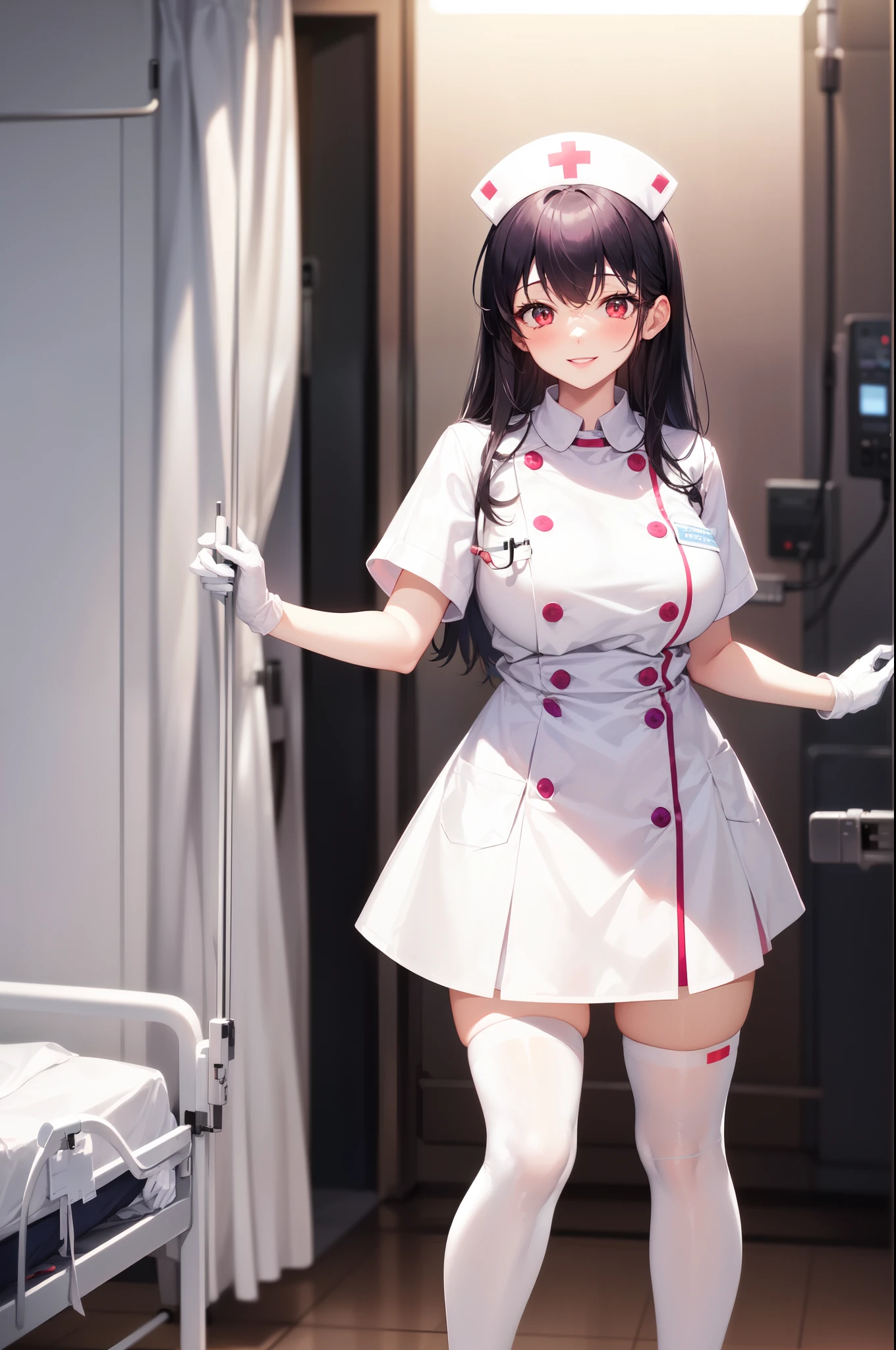 1woman, solo, nurse, white nurse cap, white nurse uniform, ((white legwear, zettai ryouiki)), white gloves, long hair, purple hair, red eyes, pink lips, smile, standing, ((hospital room)), sharp outline, short sleeves, mature female, 35 years old, best quality, masterpiece