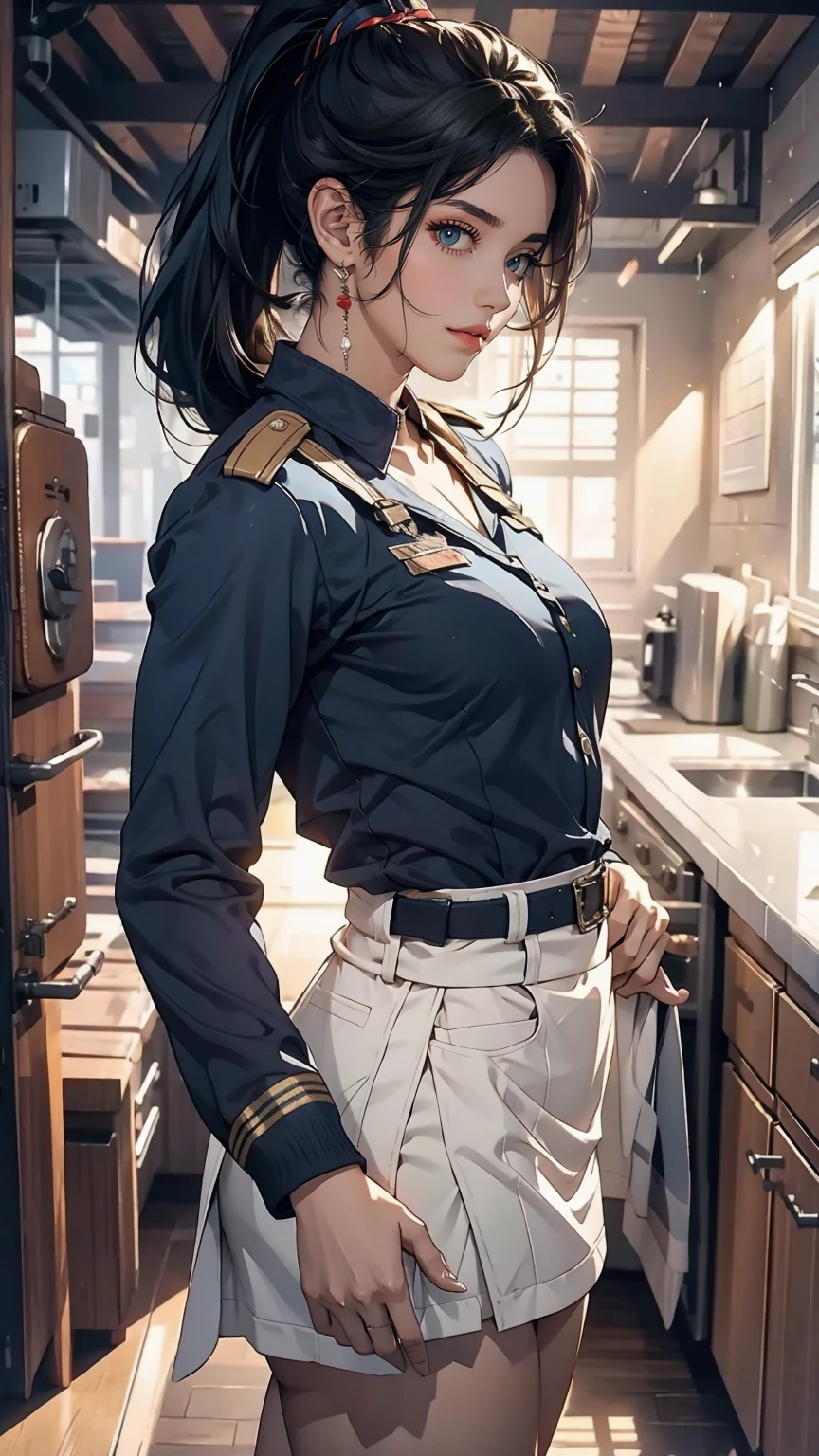 One girl, alone, Laura S.. Alcides (Long dark blue hair, Ponytail and side bangs, Small breasts), (Inspired by the cold steel trail) Exposing panties in uniform, At military school, Embarrassing