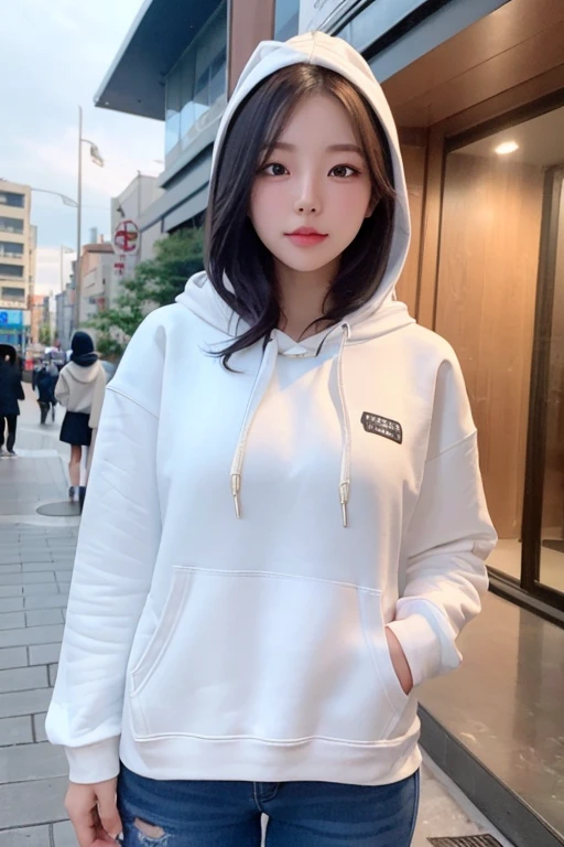 ((RAW photo:1.2)), 1girl, (masterpiece), (best quality), highres, korea girl, ((beauty 19 year old)), background, ultra detailed, middle breast,City background, it's dawn, (hoodies:1.4),